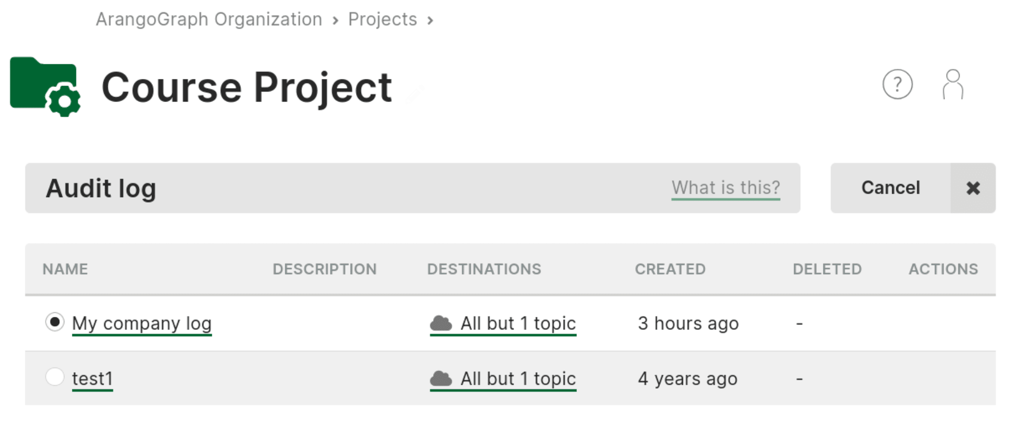 Arango Managed Platform attach audit log to a project