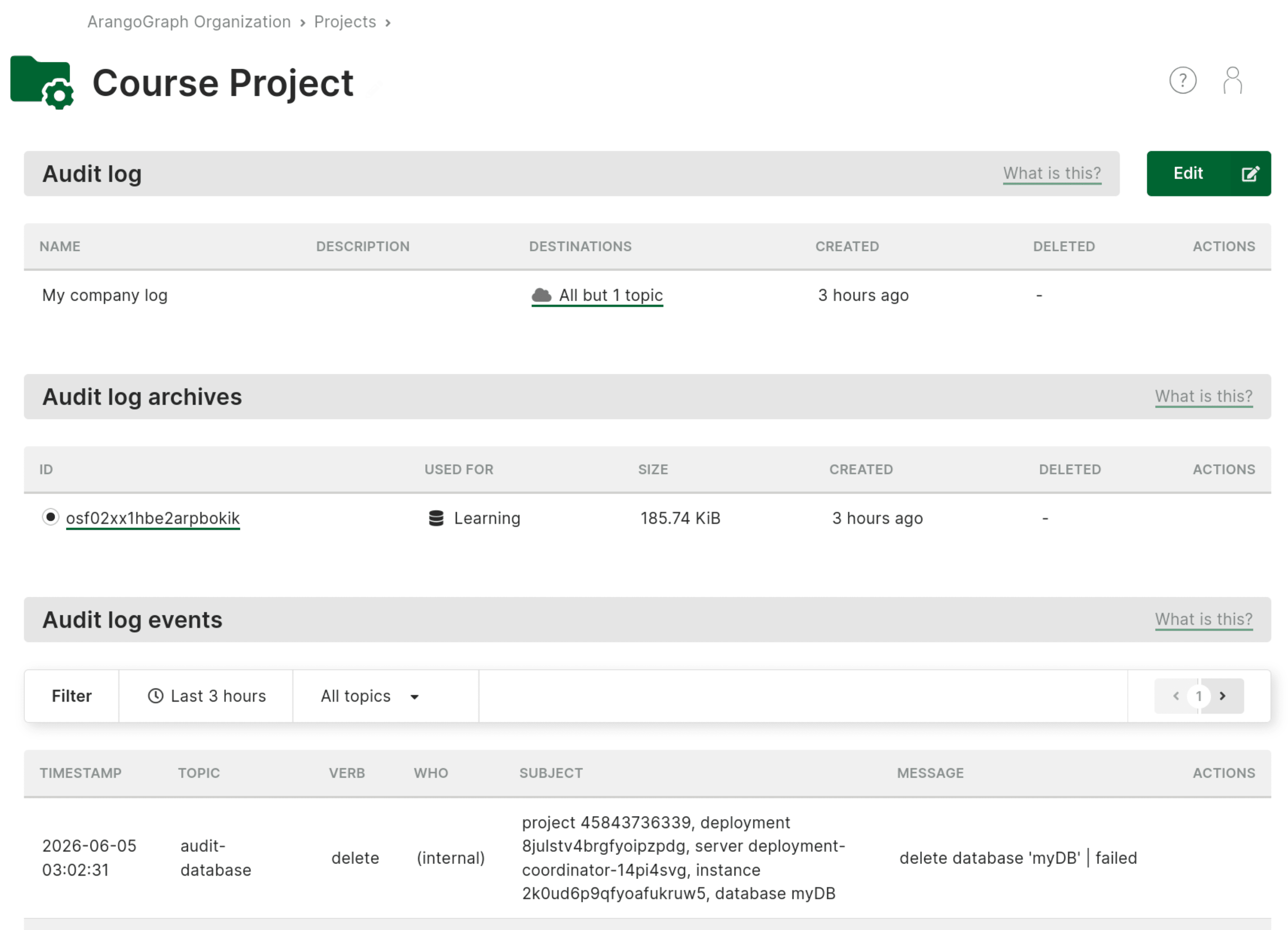 Arango Managed Platform audit log attached to a project