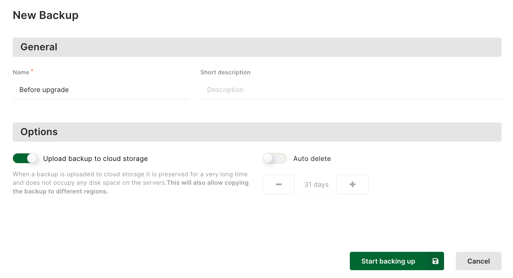 Arango Managed Platform Back up Now Dialog