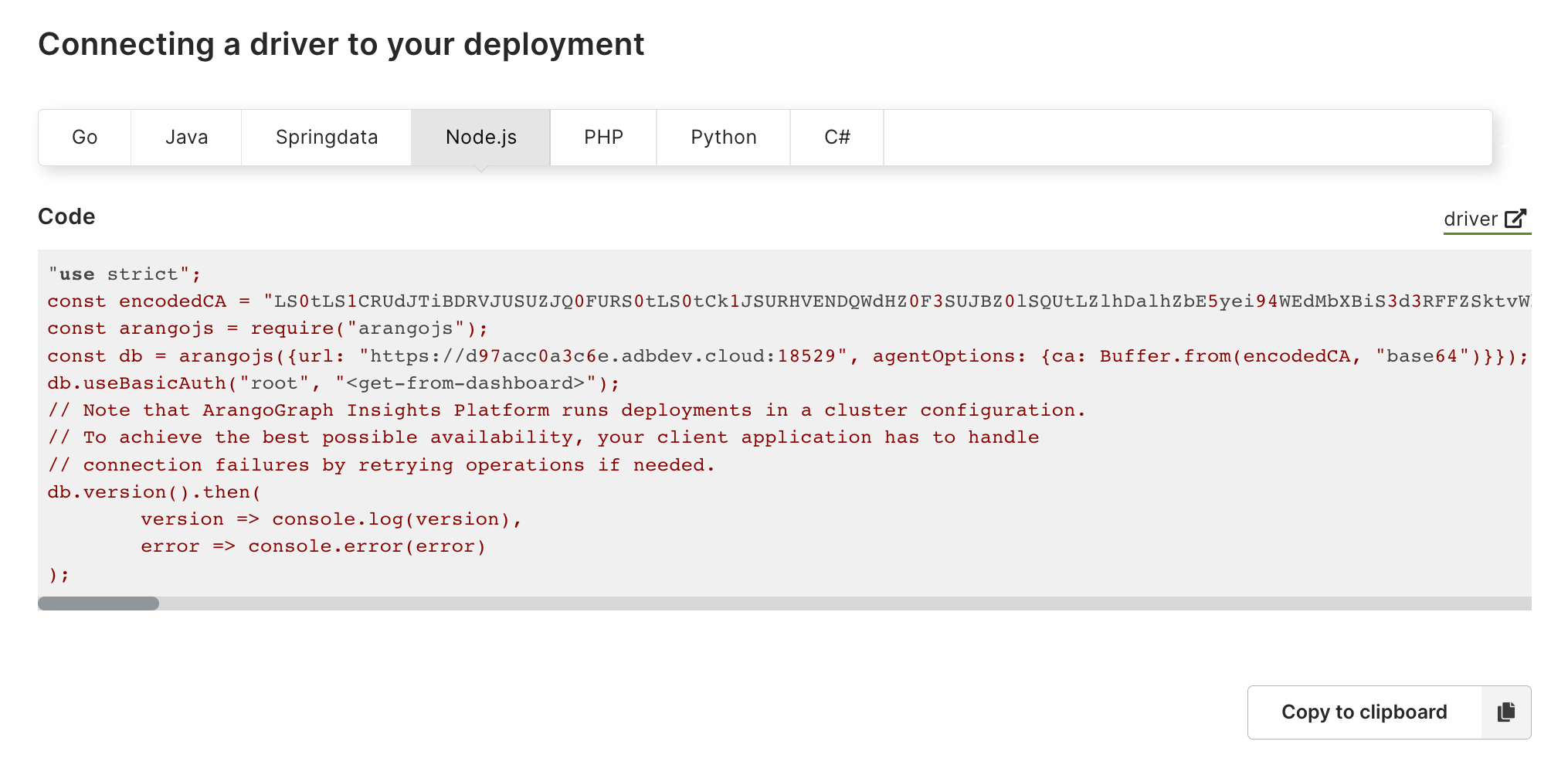 Arango Managed Platform Connecting Drivers Example