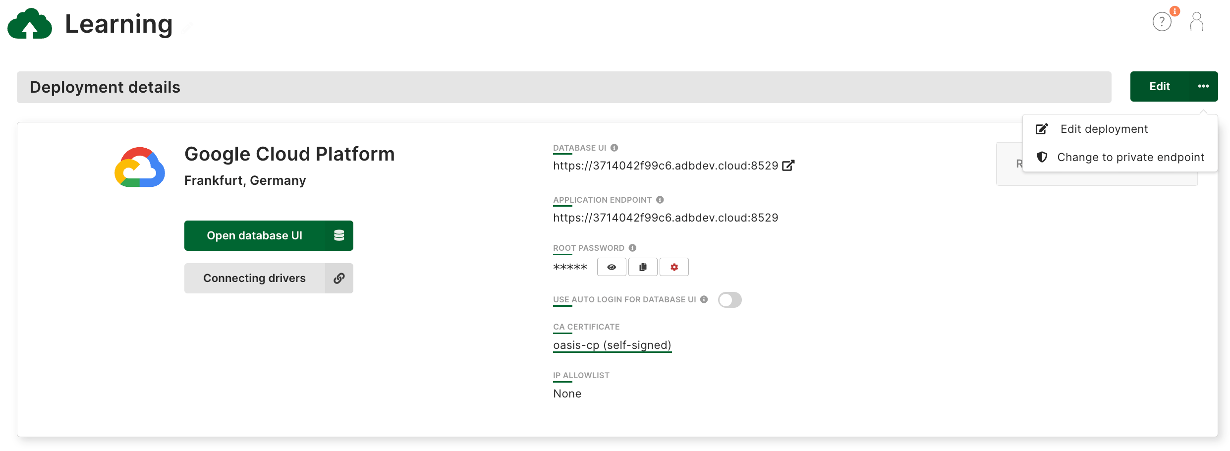 Arango Managed Platform GCP Deployment Private Endpoint Menu