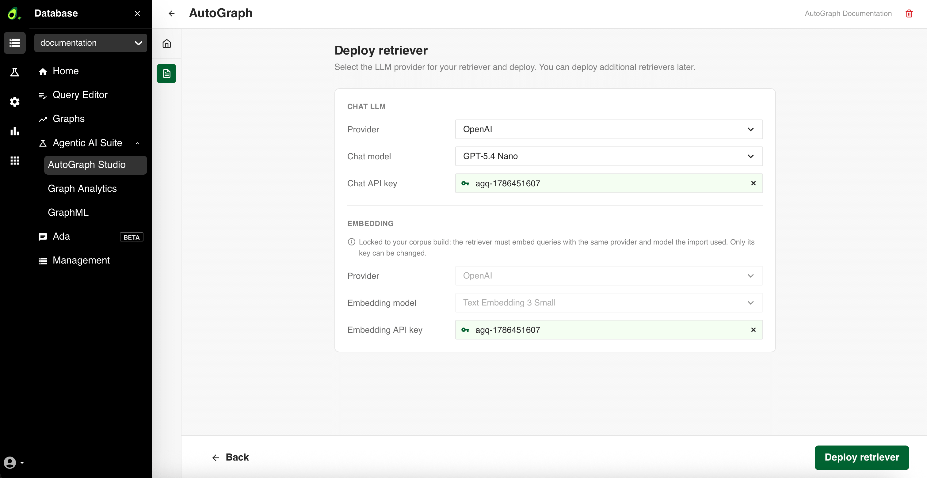 The Deploy retriever form with the chat and embedding configuration
