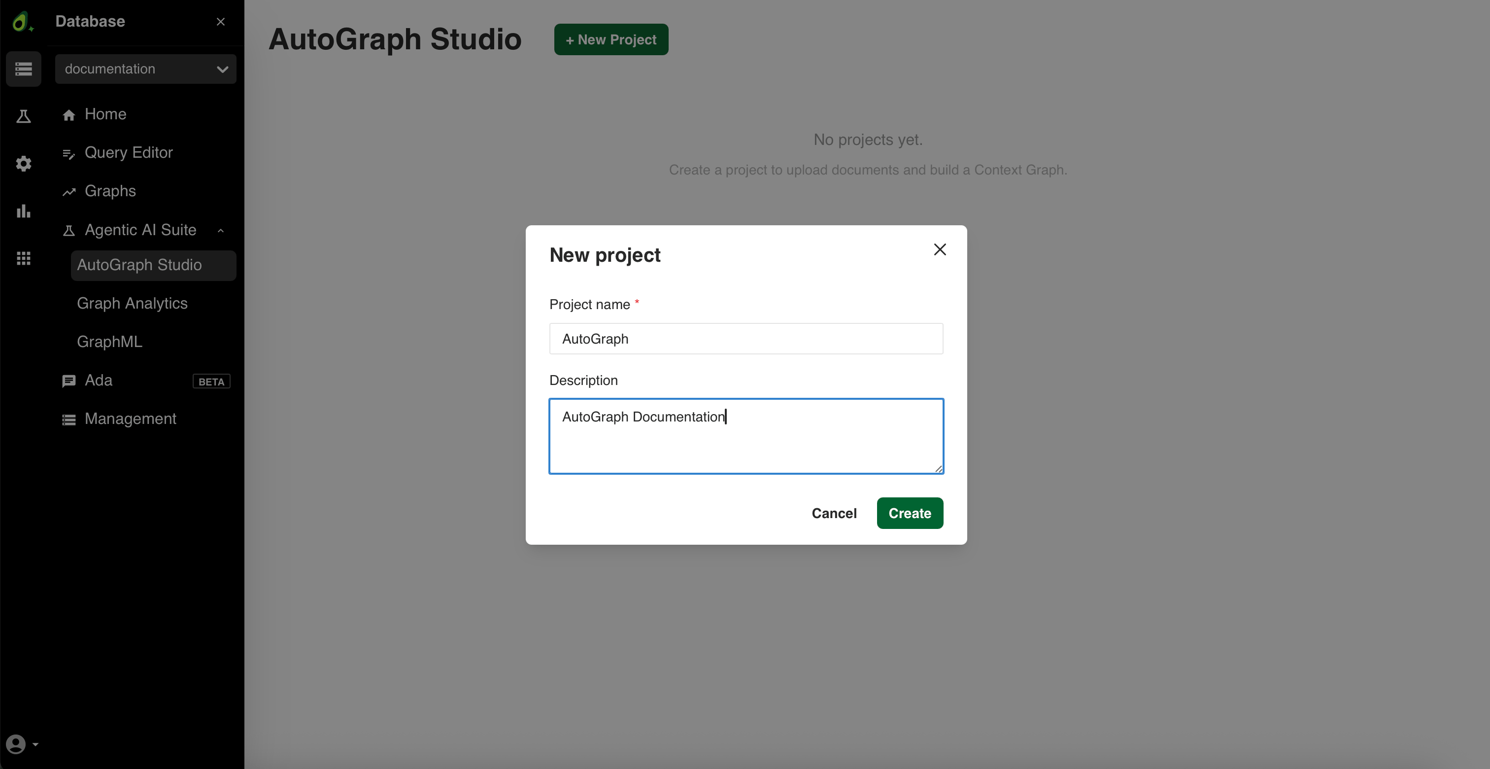 The New project dialog with a project name entered