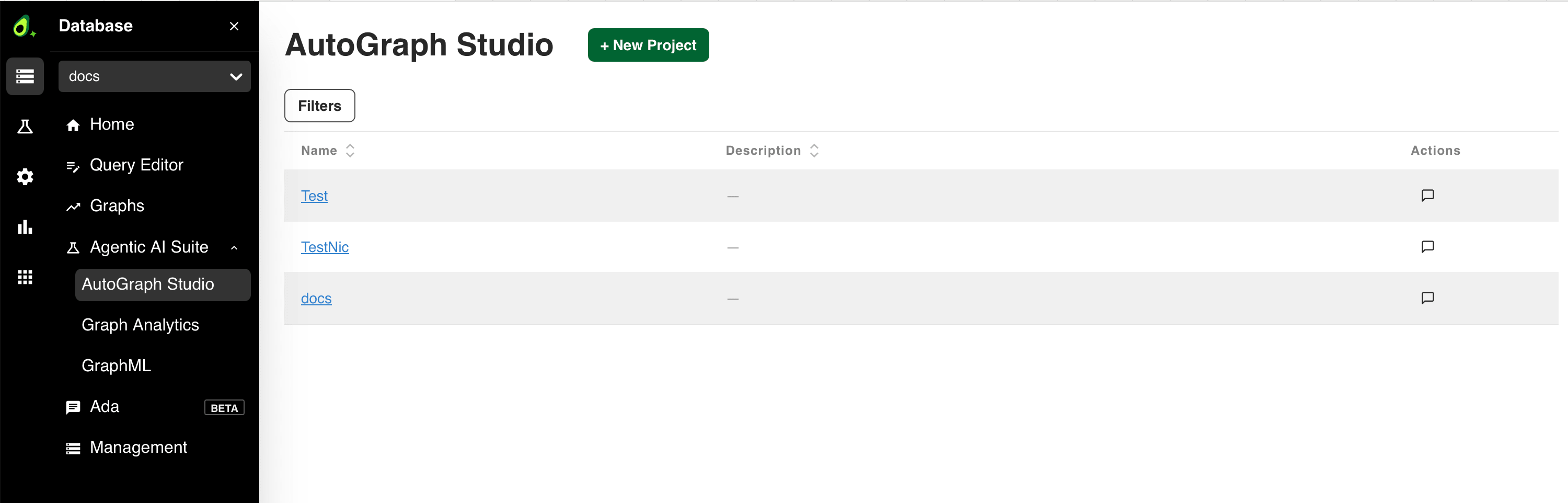 The AutoGraph Studio view listing the projects of a database