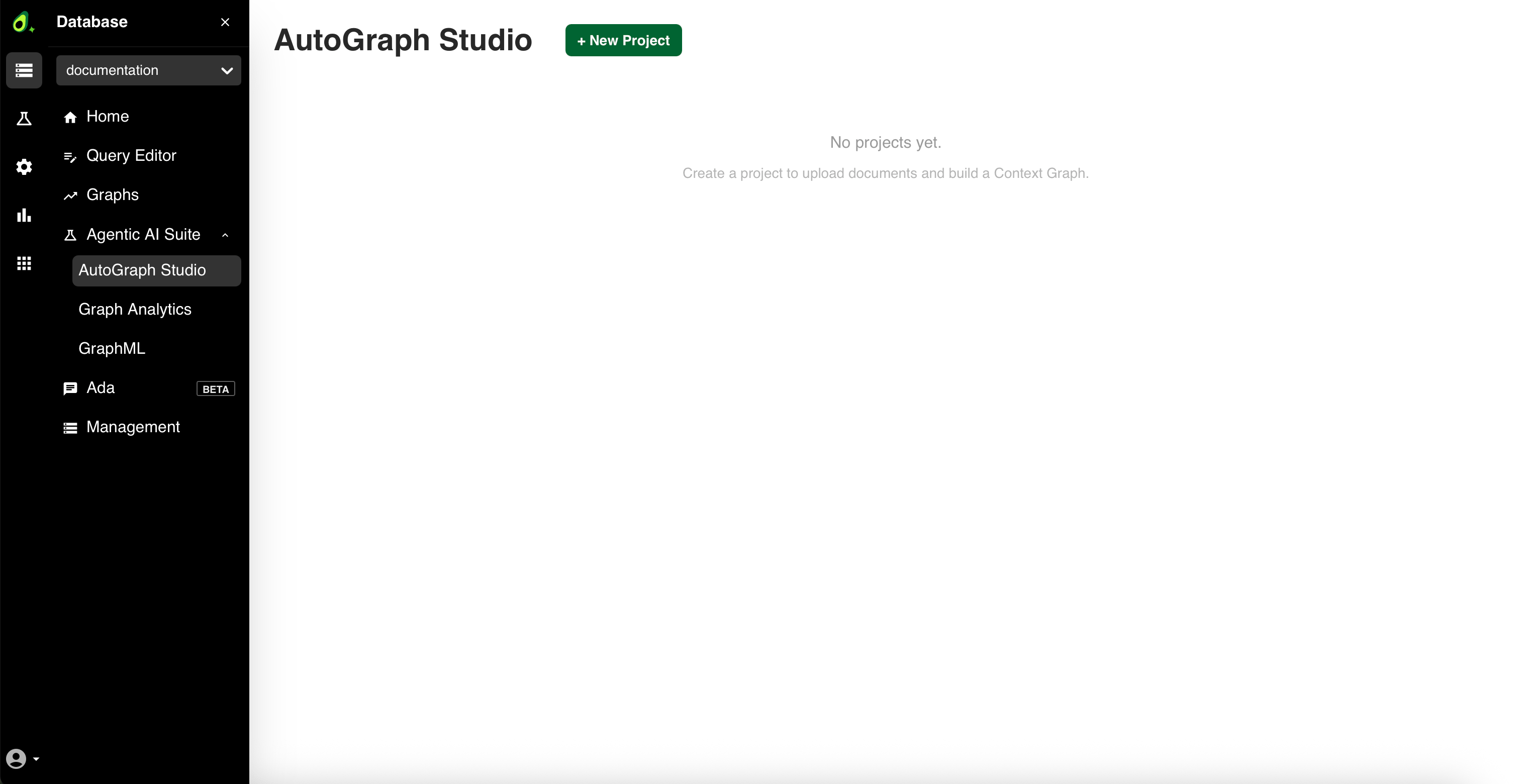 The AutoGraph Studio view of a database without projects