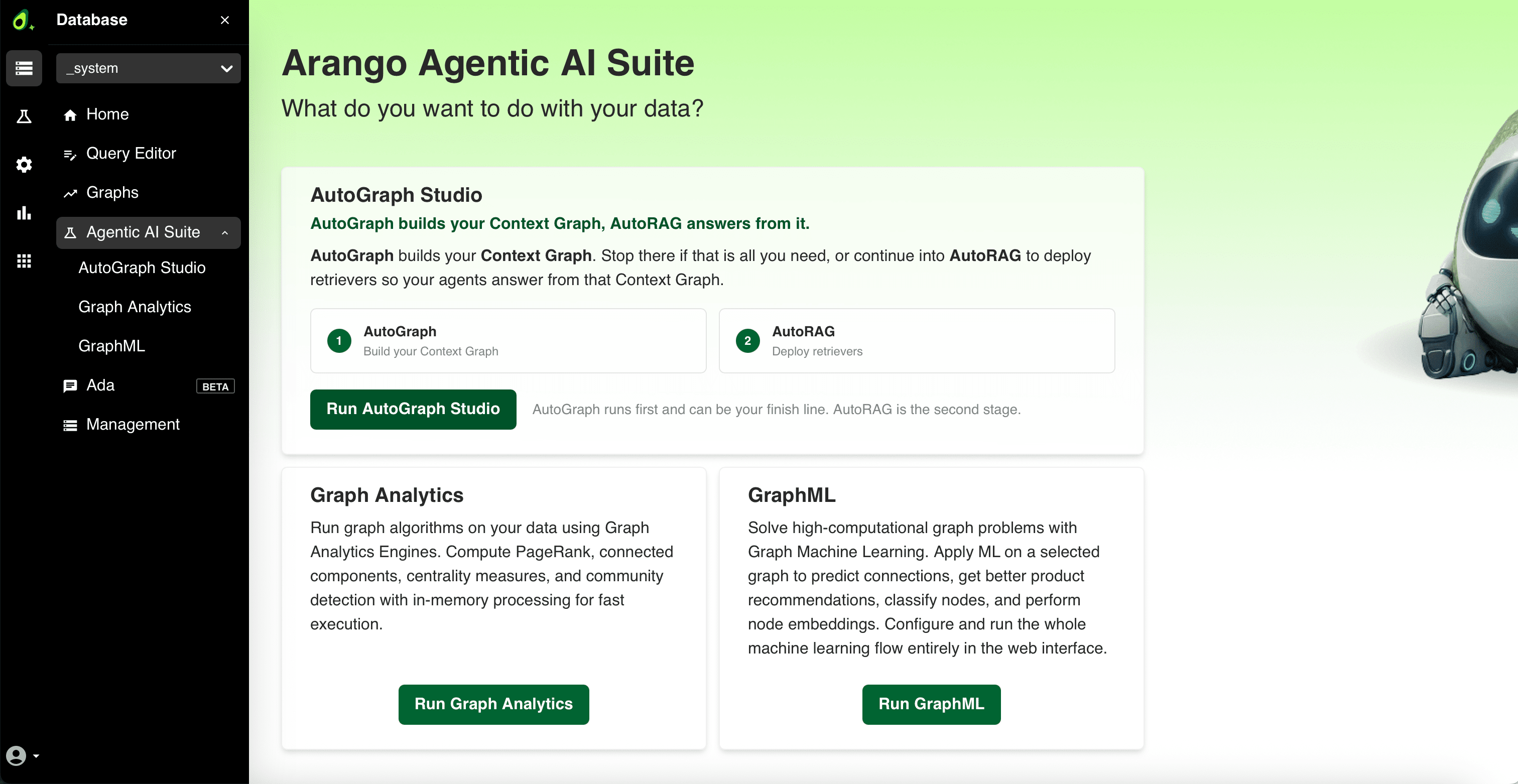 The Agentic AI Suite overview with the AutoGraph Studio card