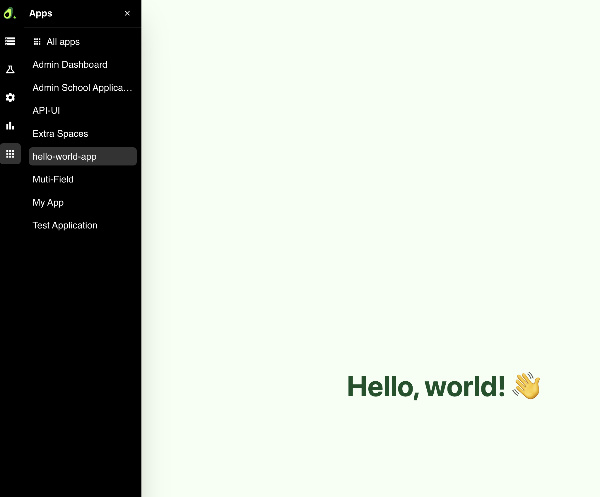 Screenshot of the Apps catalog with a hello-world app selected in the sidebar and its “Hello, world!” UI rendered embedded on the right