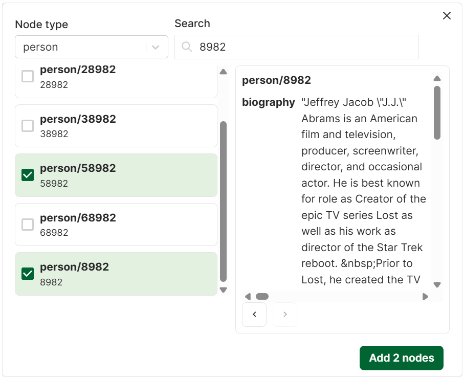 A screenshot of the dialog for adding nodes with two persons selected