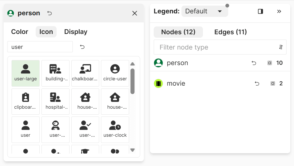 A screenshot of the Legend panel and a node styling dialog