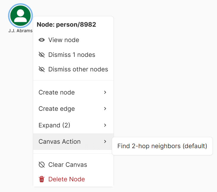 A screenshot of the context menu for a node showing the available Canvas Actions