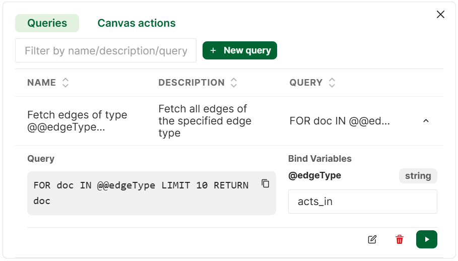 A screenshot of the dialog with a query expanded and a bind variable filled in